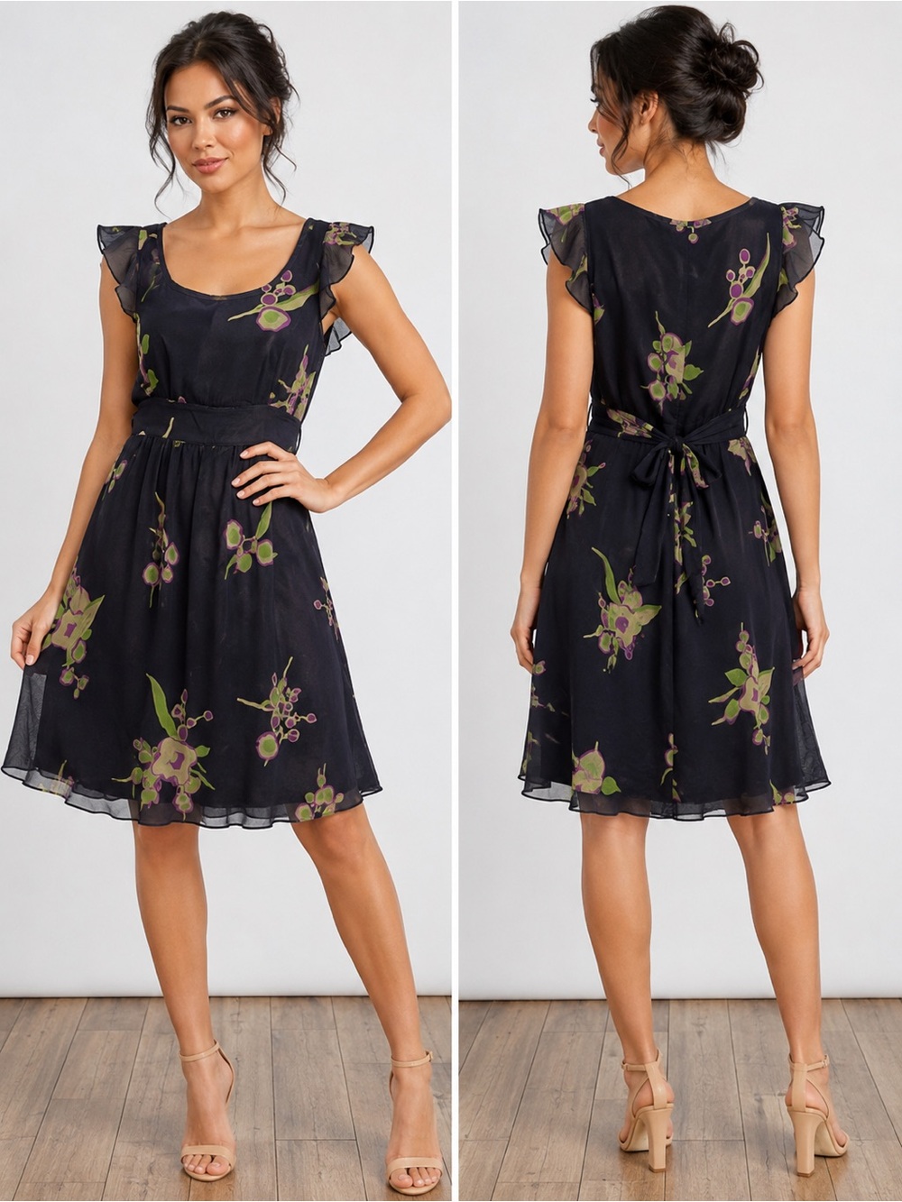 Maeve Anthropologie 100% Silk Floral Dress Size S Navy Purple Green